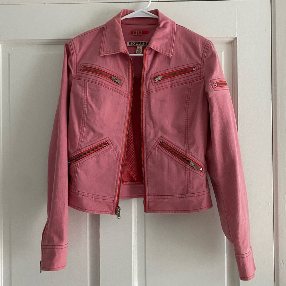 Express Pink Denim Moto Jacket